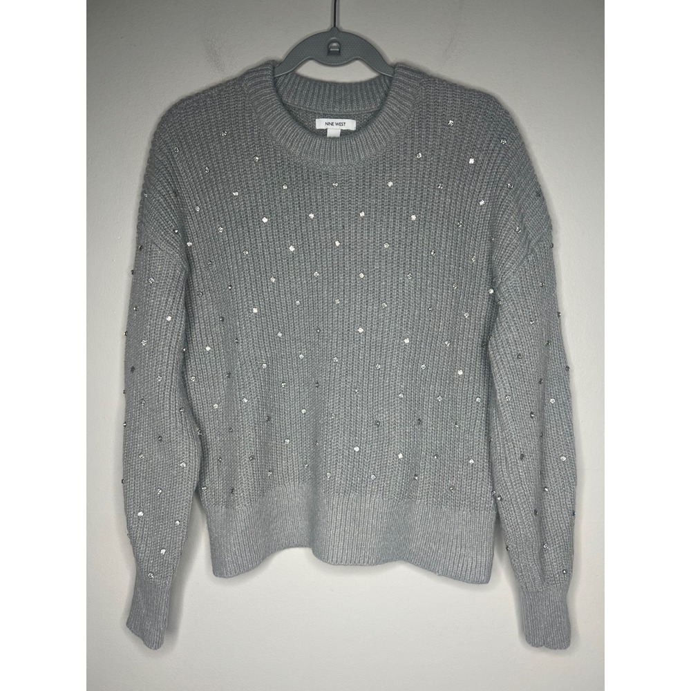 Nine West Gray Rhinestone Embellished Ribbed Sweater Size M Holiday Winter Glam